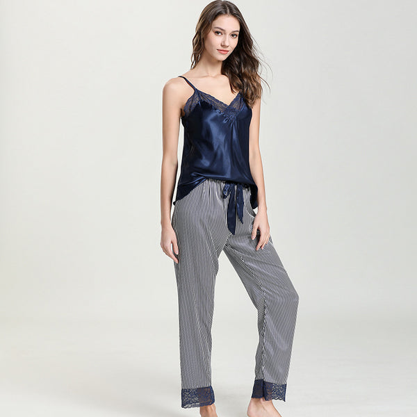 Deborah's-Blue  Pajamas Set Silk Like Sexy V Neck Pants  Set