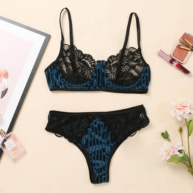 Eve-black and blue Lace underwear pantie & bra