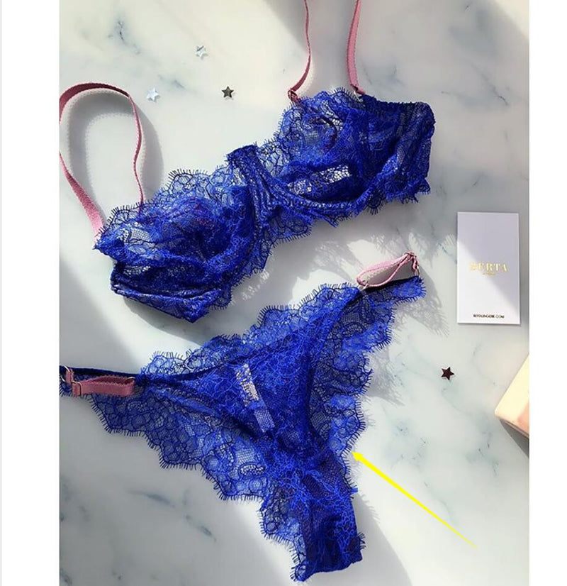 Eve: blue and coral sexy underwear woman lace bra&pants set