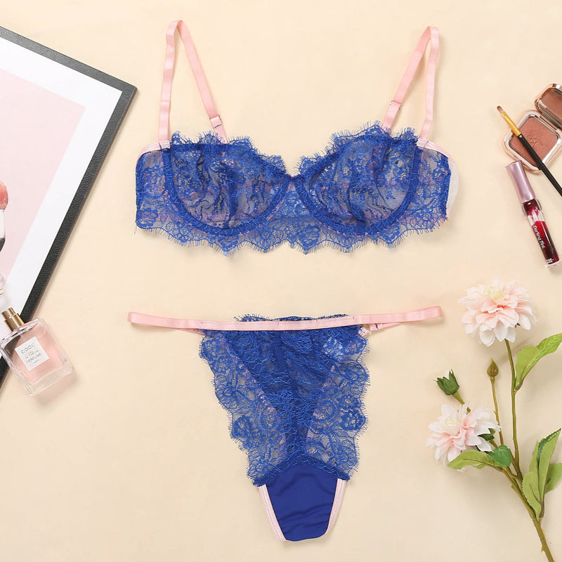 Eve: blue and coral sexy underwear woman lace bra&pants set