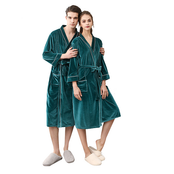 Autumn Sexy Nightgown Female Long Section  Cardigan Couple Bathrobe Men's Court V-neck Pajamas