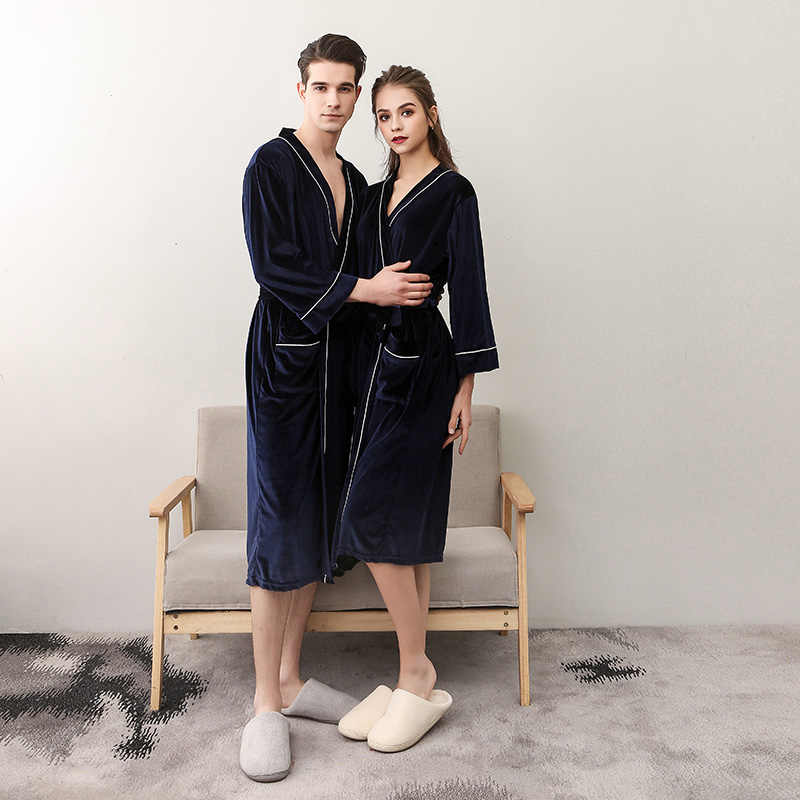 Autumn Sexy Nightgown Female Long Section  Cardigan Couple Bathrobe Men's Court V-neck Pajamas