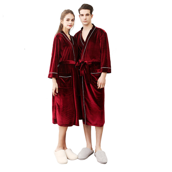 Autumn Sexy Nightgown Female Long Section  Cardigan Couple Bathrobe Men's Court V-neck Pajamas