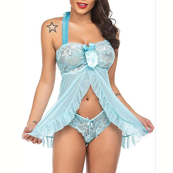 Wise Virgin - Lingerie Set Lace Nightgown Open Front with G-String Babydoll