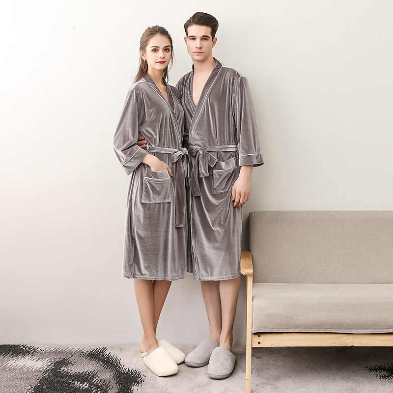 Autumn Sexy Nightgown Female Long Section  Cardigan Couple Bathrobe Men's Court V-neck Pajamas