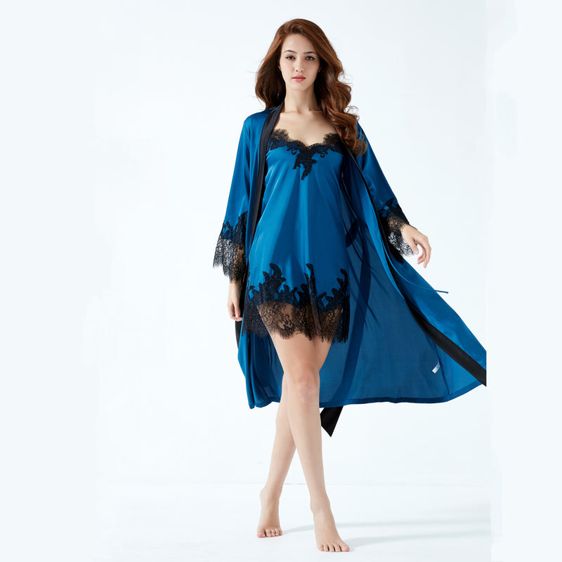 Sarah's Dress- Beautiful bleu Lace embroidered silk satin