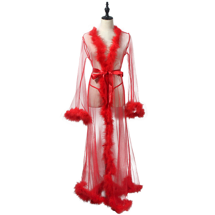 Esther-Long women  Fur sheer Robe mesh Trim Sexy Lingerie