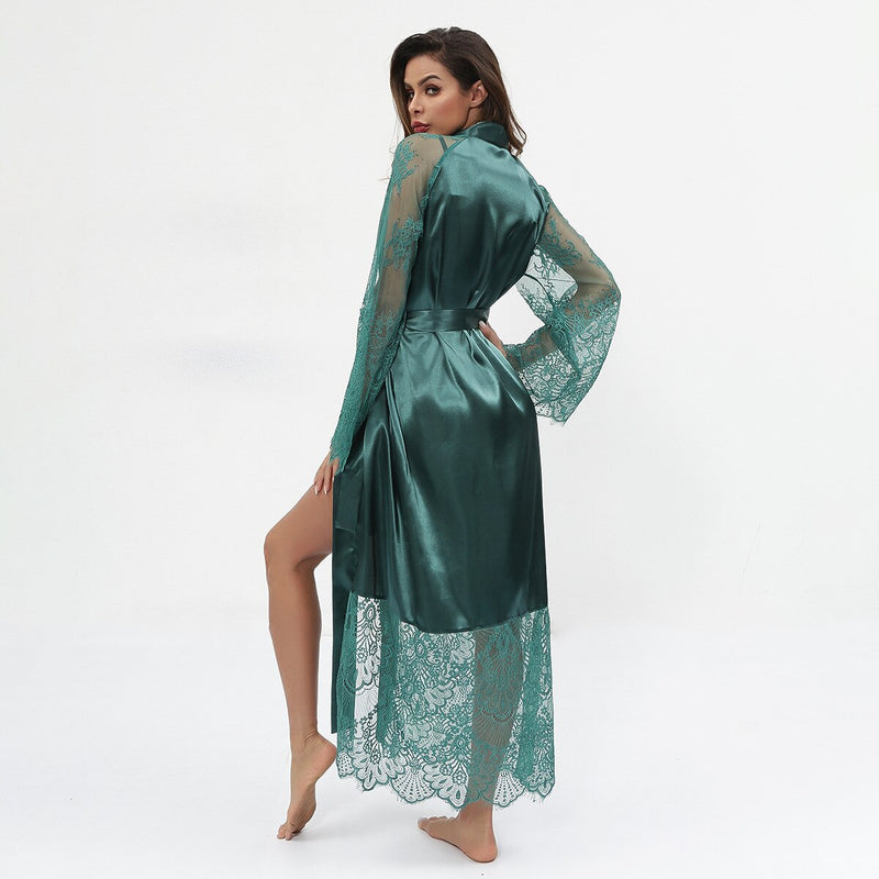 Long Maxi Sleepwear  Lace Nightgown Ladies V-Neck  Satin Bath Robe