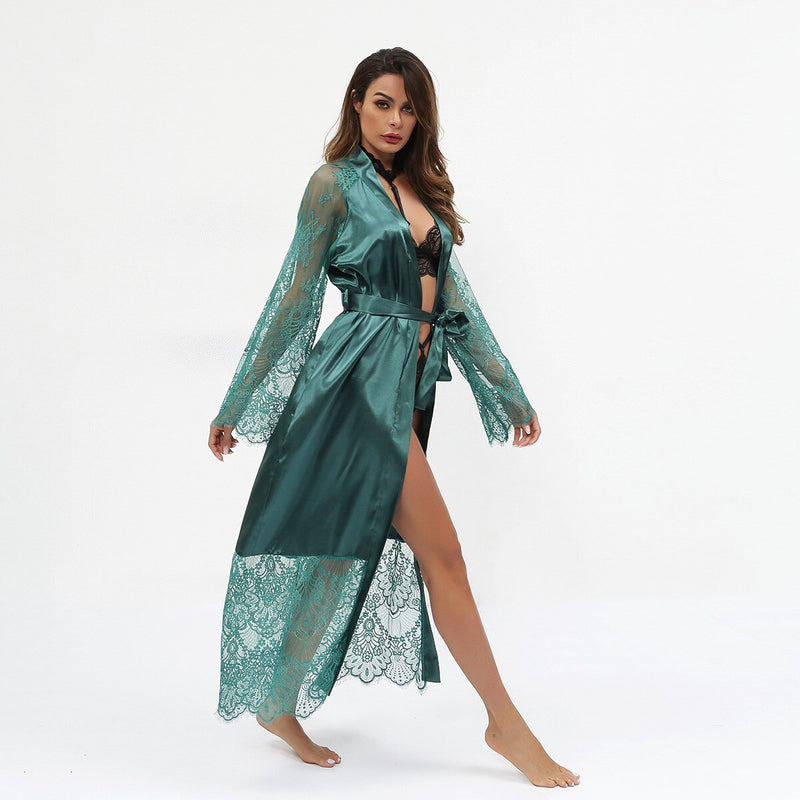 Long Maxi Sleepwear  Lace Nightgown Ladies V-Neck  Satin Bath Robe