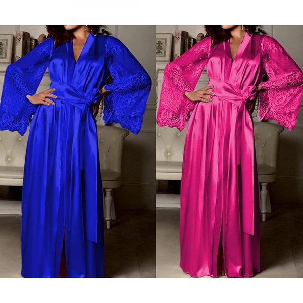 Queen Esther - Blue and Pink Elegant Silk and Fine Lace Robe Night Gown