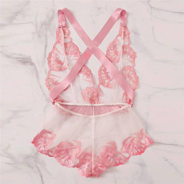 Eve- Lace Ribbon bow Print Satin Pink Bras