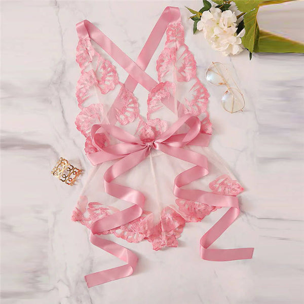 Eve- Lace Ribbon bow Print Satin Pink Bras