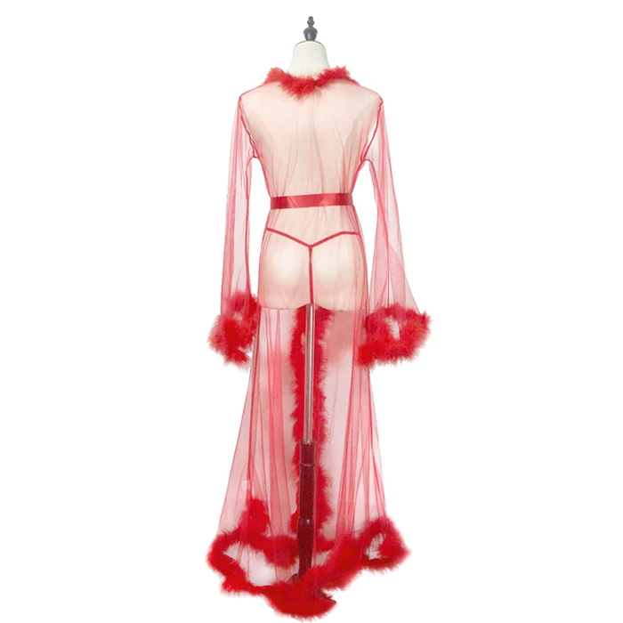 Esther-Long women  Fur sheer Robe mesh Trim Sexy Lingerie