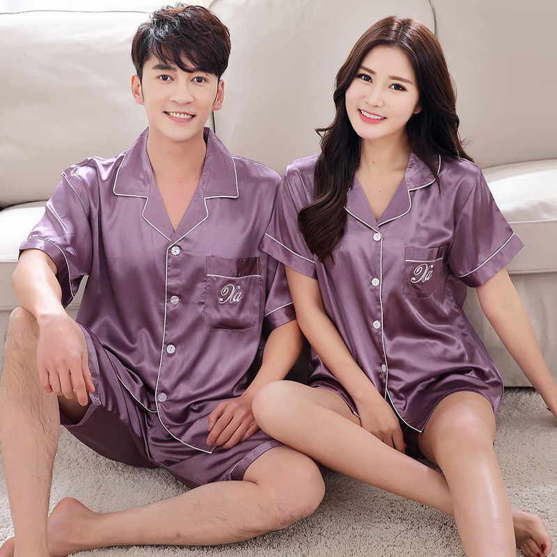 Summer New Fashion Matching Couple Pajama Sets Imitated Silk Fabric Pyjama Suit Nightwear