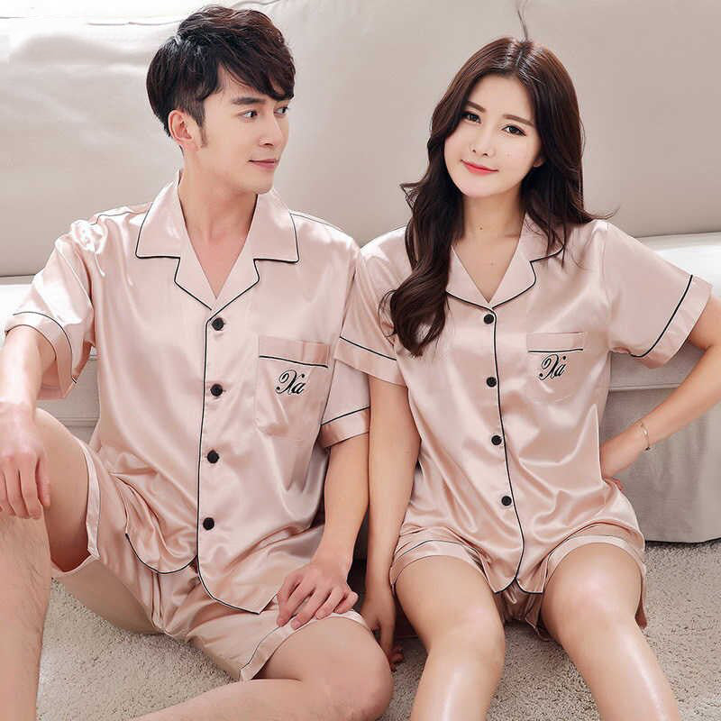 Summer New Fashion Matching Couple Pajama Sets Imitated Silk Fabric Pyjama Suit Nightwear