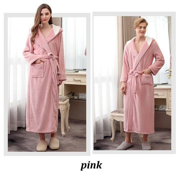 Winter Flannel Couple Long Warm Hooded Bathrobe Women/Men Sexy Plus Size Dressing Gown